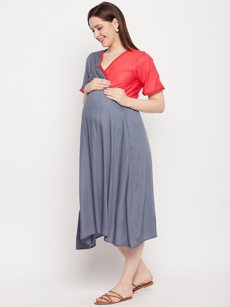 Nabia Women Grey & Pink Solid Pre and Post Pregnancy / Maternity Dress