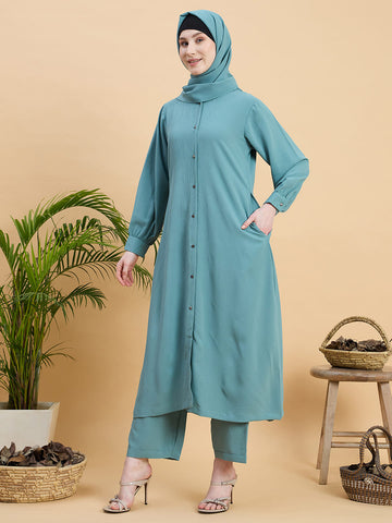 Green Front Open Co-ord Set for Women with Matching Hijab