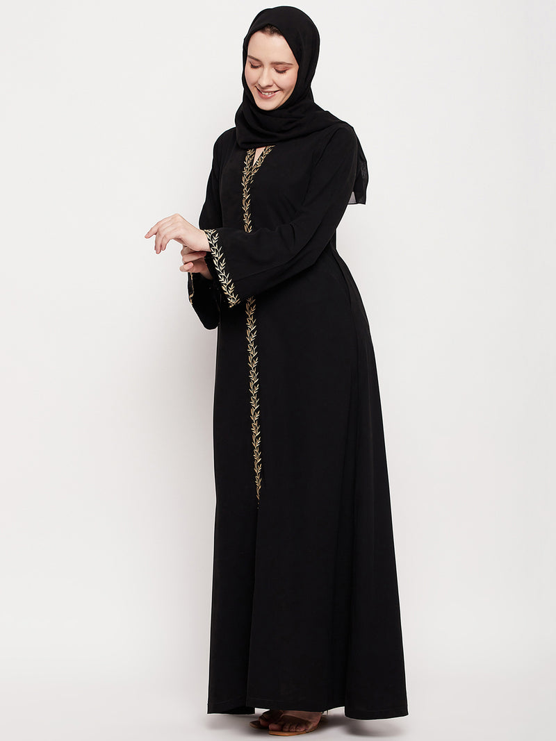 Nabia Women Black Solid Nida Matte Fabric Abaya Burqa With Black Georgette Scarf
