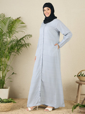 Front Open Blue Printed Abaya with Black Georgette Scarf