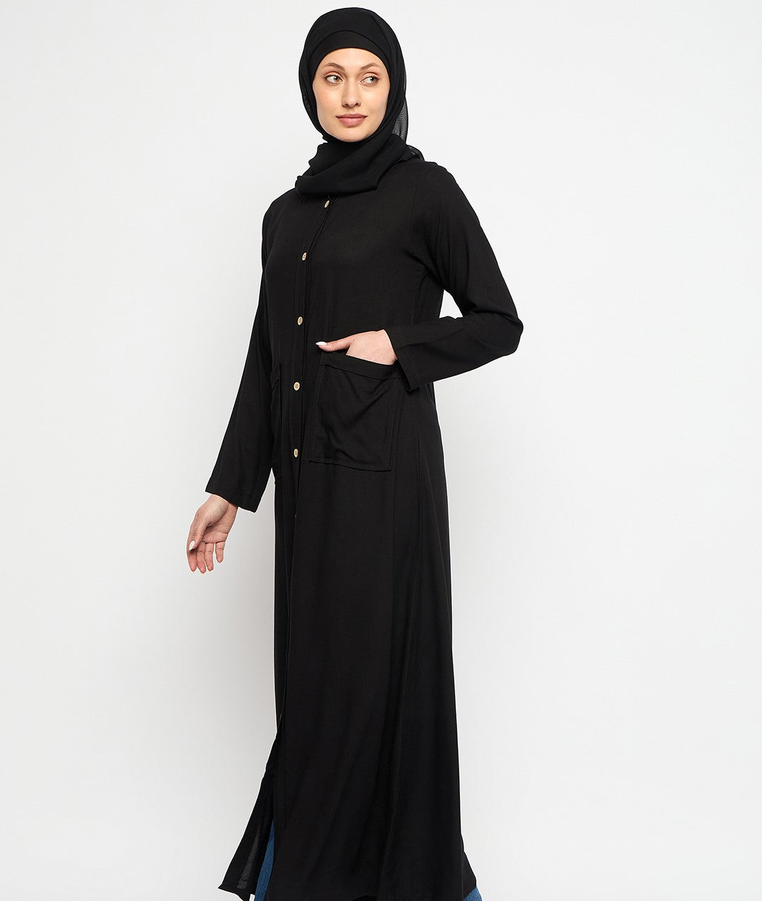 Black Rayon Front Open Abaya with Georgette Scarf