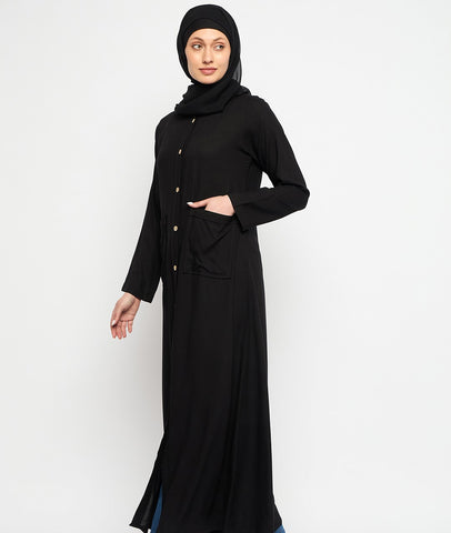 Nabia Women Black Rayon Front Open Abaya with Georgette Scarf