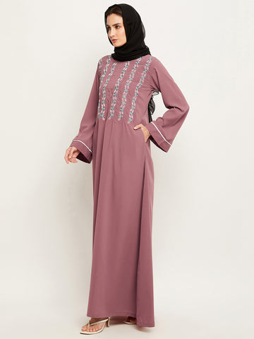 Nabia Women Solid Puse Pink Abaya Burqa With Georgette Scarf