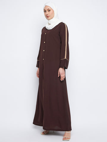 Nabia Front Open Solid Beige Piping Design Brown Abaya Burqa With Black Scarf