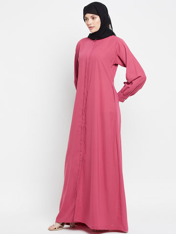 Nabia Pink Nida Mate Fabric Front Open  Abaya With Georgette Scarf