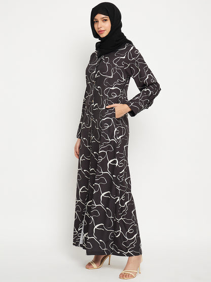 Black Front Open printed Abaya with Georgette Scarf