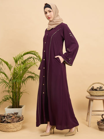 Modest Luxury Front Open Purple Abaya with Beige Hijab for Women
