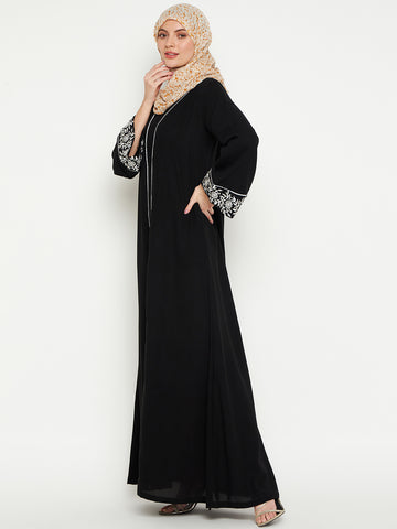 Nabia Women Embroidery Black Solid Abaya Burqa With Black Georgette Scarf