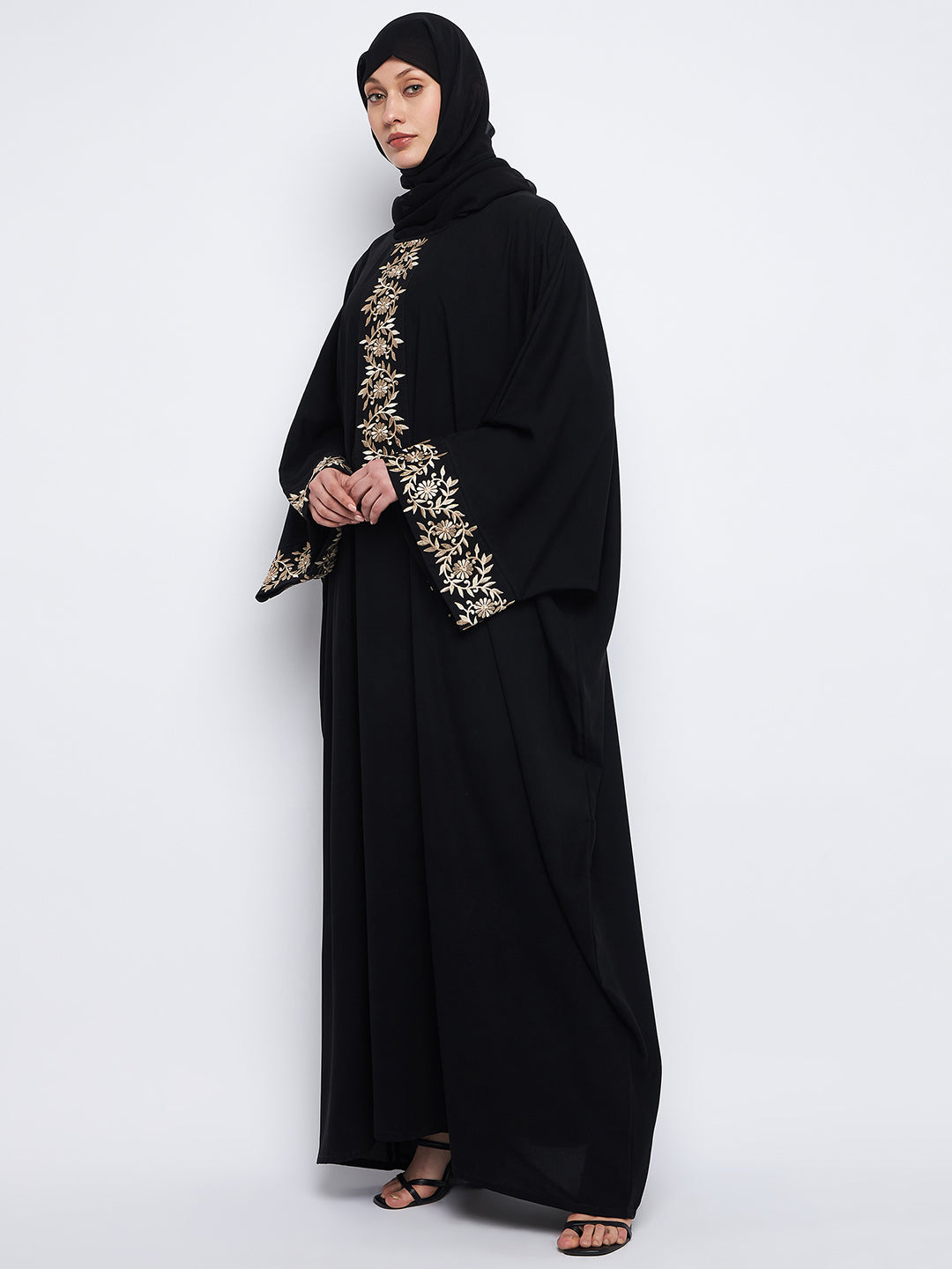 Nabia Embroidery Free Size Black Abaya with Black Scarf