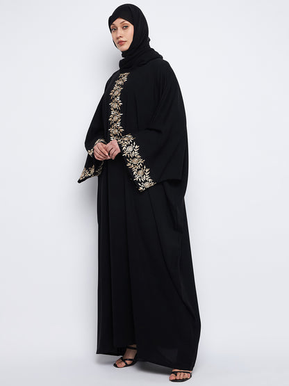 Nabia Embroidery Free Size Black Abaya with Black Scarf