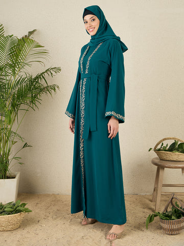 2 Piece Embroidered Green Shrug Set Abaya with Black Hijab