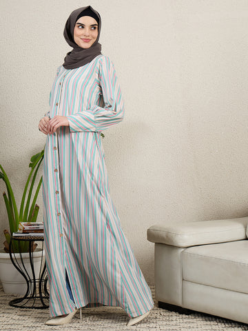 Front Open Printed Abaya Burqa with Black Georgette Scarf