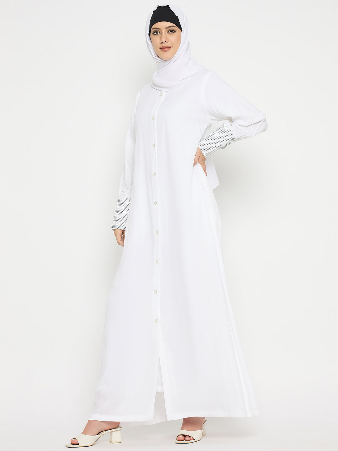 White Rayon Front Open Abaya Burqa with Black Hijab