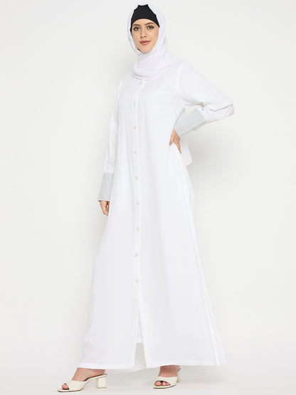 White Rayon Front Open Abaya Burqa with Black Hijab