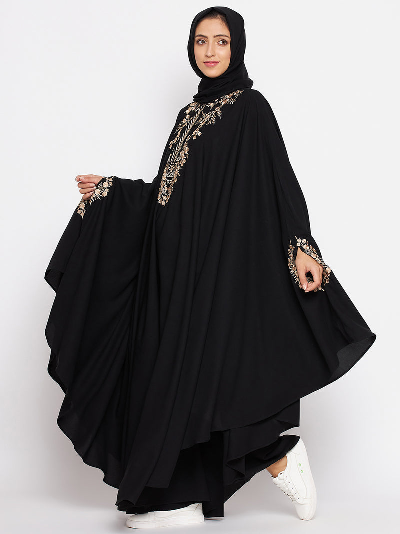 Nabia Women Black Irani Kaftan Abaya Enhanced With Chikan Hand Embroidered with Georgette Scarf