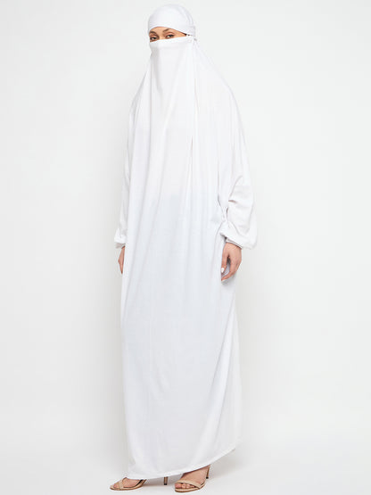 Nabia White Free Size Adjustable Nosepiece Cotton Fabric Jilbab Abaya for Girls and Women