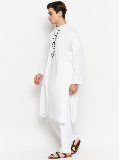 Embroidery Cotton Men's White Kurta Pajama Set