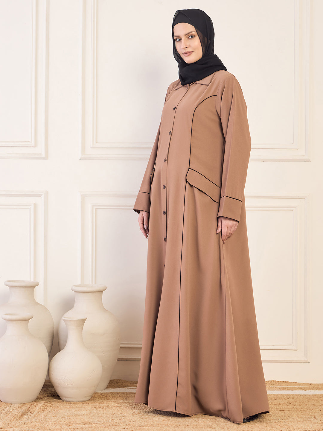 Nabia Rust Front Open Coat Abaya with Black Georgette Hijab