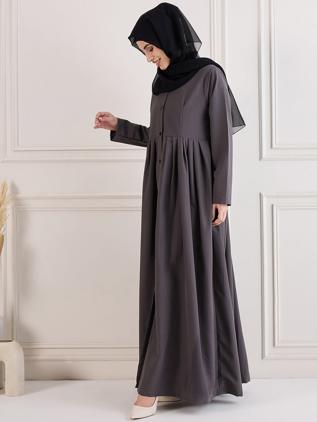 Nabia Grey Front Open Abaya with Black Georgette Hijab