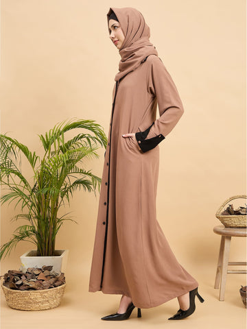 Modest Beige Front Open Coat Abaya with Matching Hijab