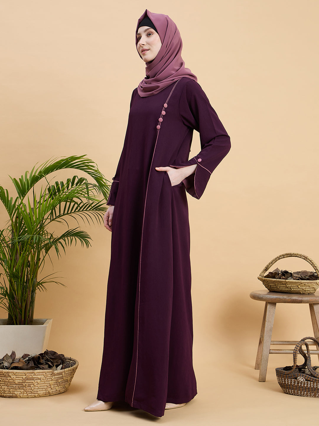 Purple Modest Solid Abaya Burqa with Hijab for Women