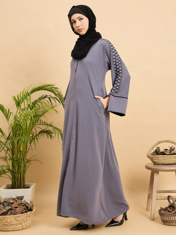 Modest Luxury Handworked Grey Abaya with Black Georgette Hijab