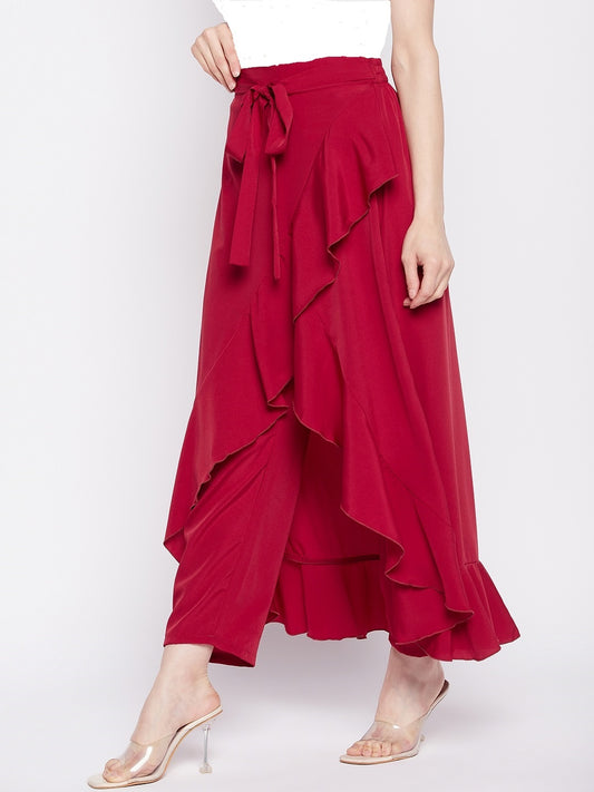Nabia Red Solid Ruffled Flared Maxi Skirt With Attached Trousers