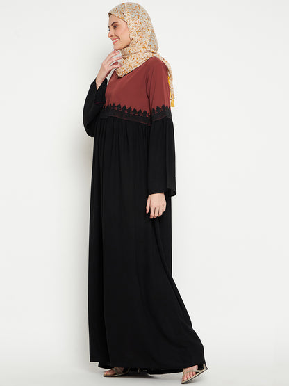 Nabia Lace Abaya Burqa -Black and Rust  with Black Georgette Scarf
