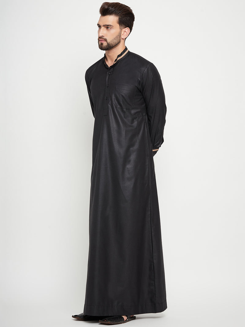 Nabia Black Solid Mens Band Collar Thobe / Jubba with Beige Piping Design