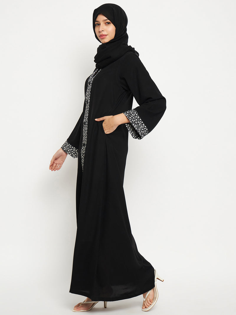 Nabia Black Solid A-line Abaya Burqa For Women With Black Georgette Scarf
