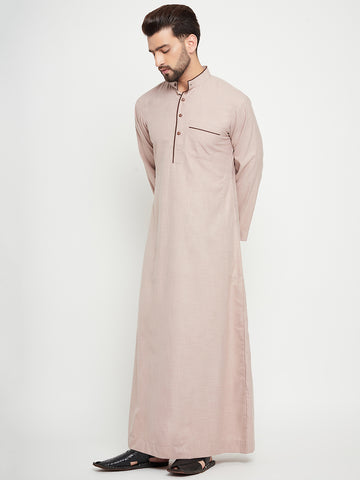 Nabia Beige Solid Mens Band Collar Thobe / Jubba with Brown Piping Design