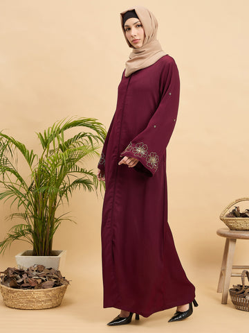 Modest Handworked Luxury Maroon Abaya Burqa with Beige Hijab