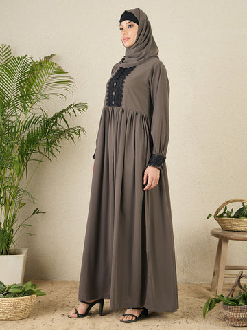 Nabia Grey Lace Work Women Abaya with matching hijab
