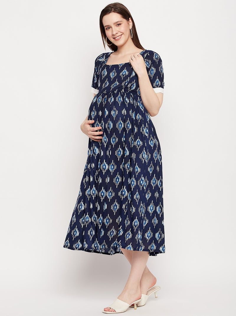 Nabia Women Blue Printed Pre and Post Pregnancy / Maternity Dress