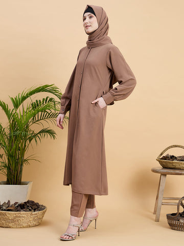 Rust Front Open Co-ord Set for Women with Matching Hijab