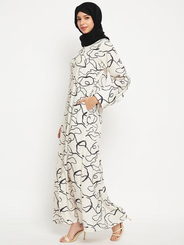 Nabia Women White Front Open printed Crepe Fabric Abaya Burqa With Georgette Scarf