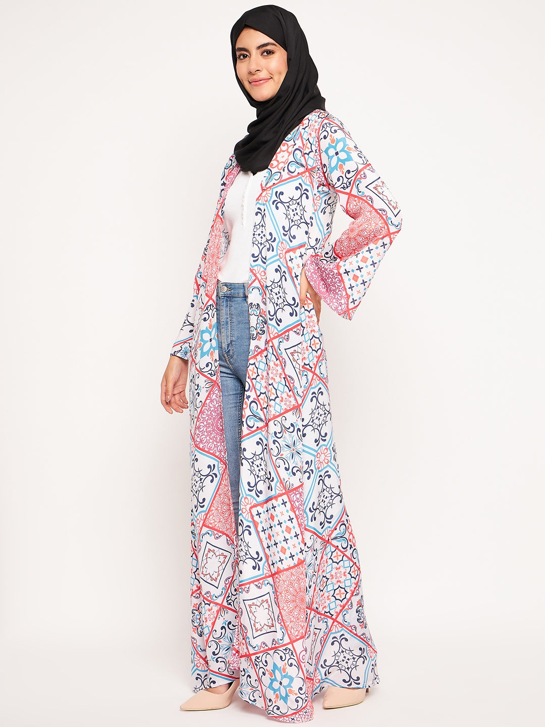 Nabia Multicolor Printed Front Open Shrug Abaya for Women with Black Scarf