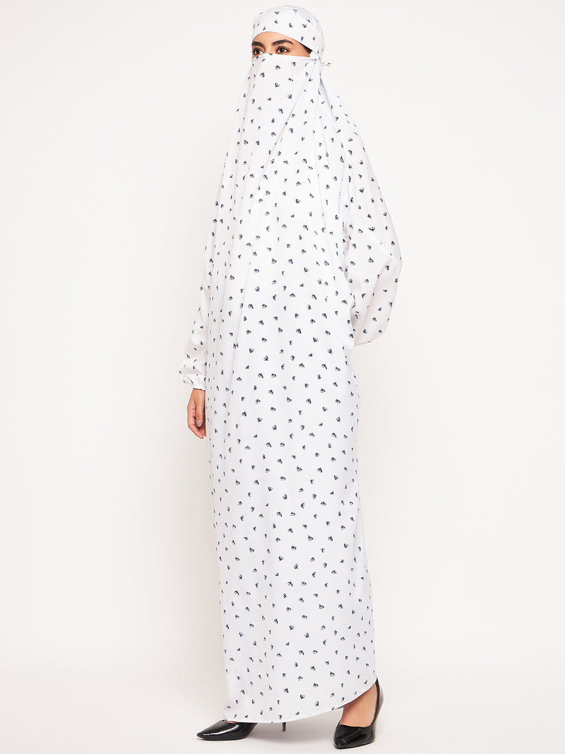 Nabia White Printed Free Size Adjustable Nosepiece Jilbab Abaya for Girls and Women