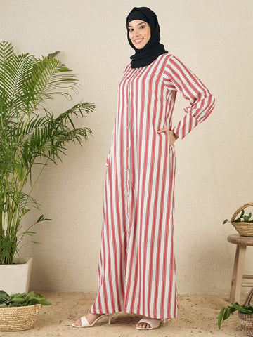 Front Open Striped Printed Abaya with Black Georgette Scarf