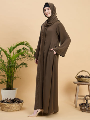 Oat (Khaki) Front Open Dubai Abaya Burqa with Matching Hijab