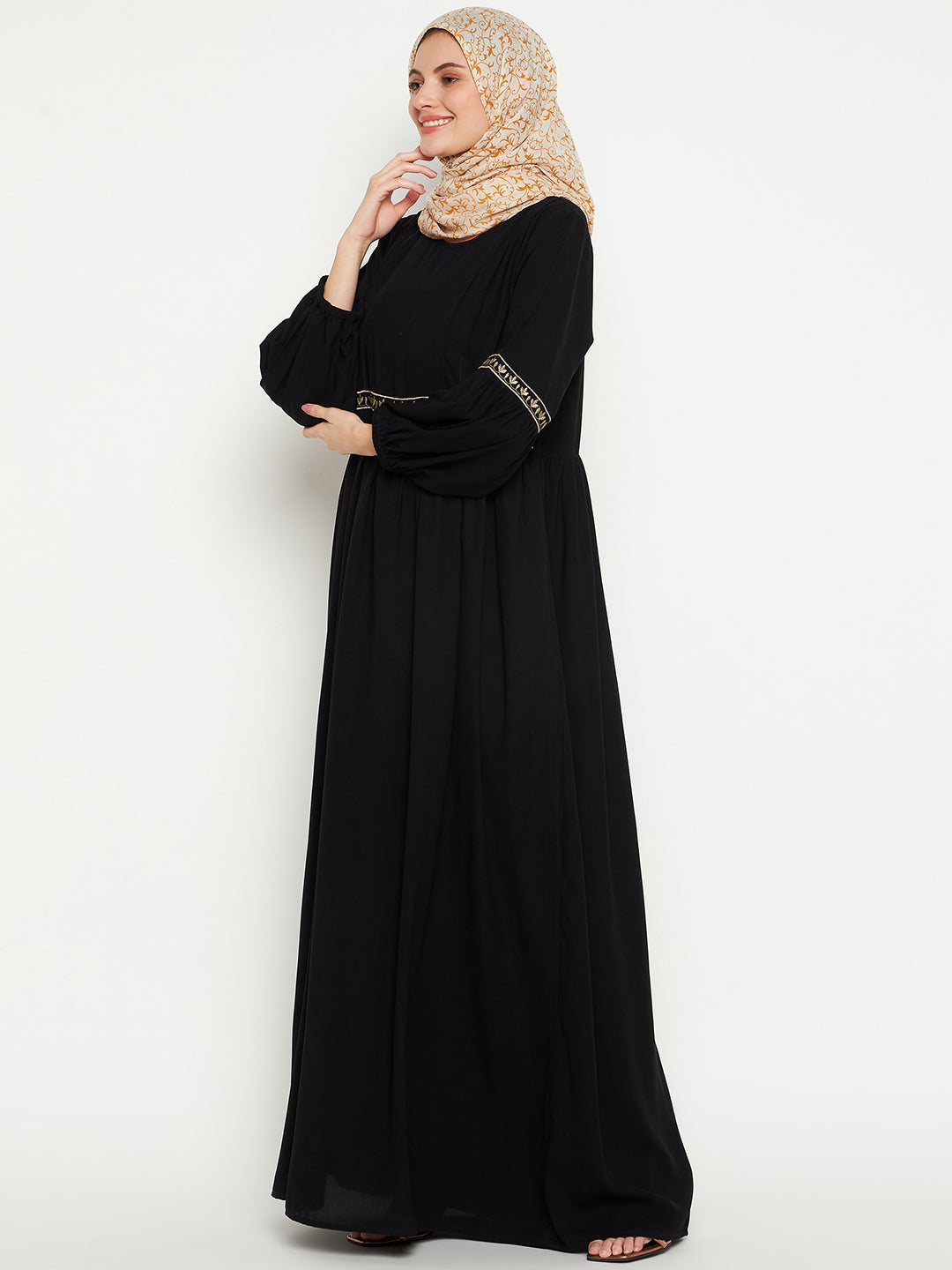 Nabia Women Embroidery Black Abaya/Burqa With Black Georgette Scarf