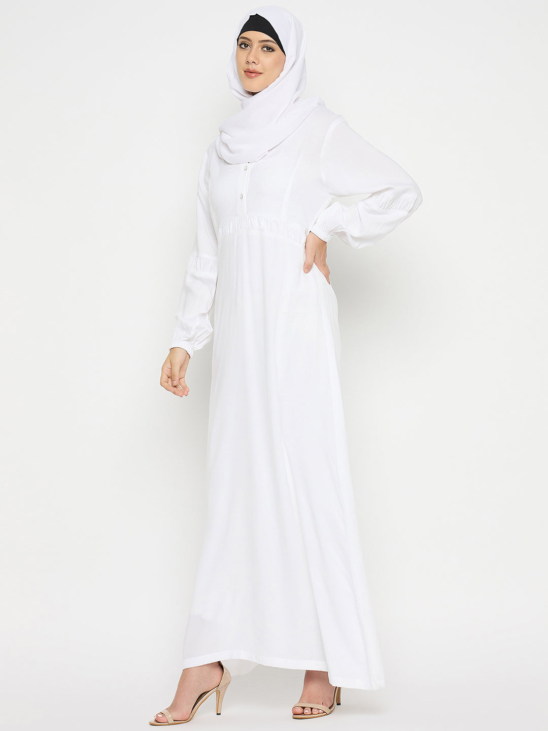 White Rayon V-Neck Solid Abaya with Black Hijab