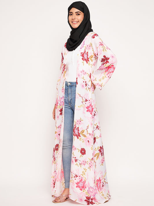 Nabia Women Multicolor Printed Front Open Shrug  Abaya with Black Scarf