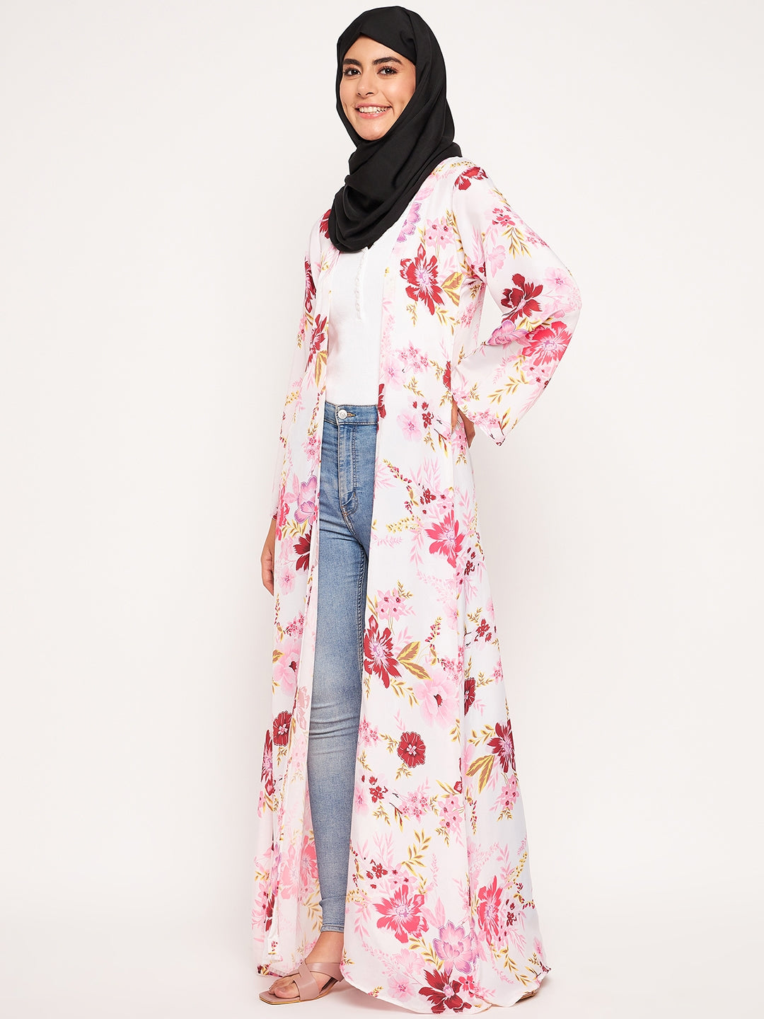 Nabia Women Multicolor Printed Front Open Shrug  Abaya with Black Scarf