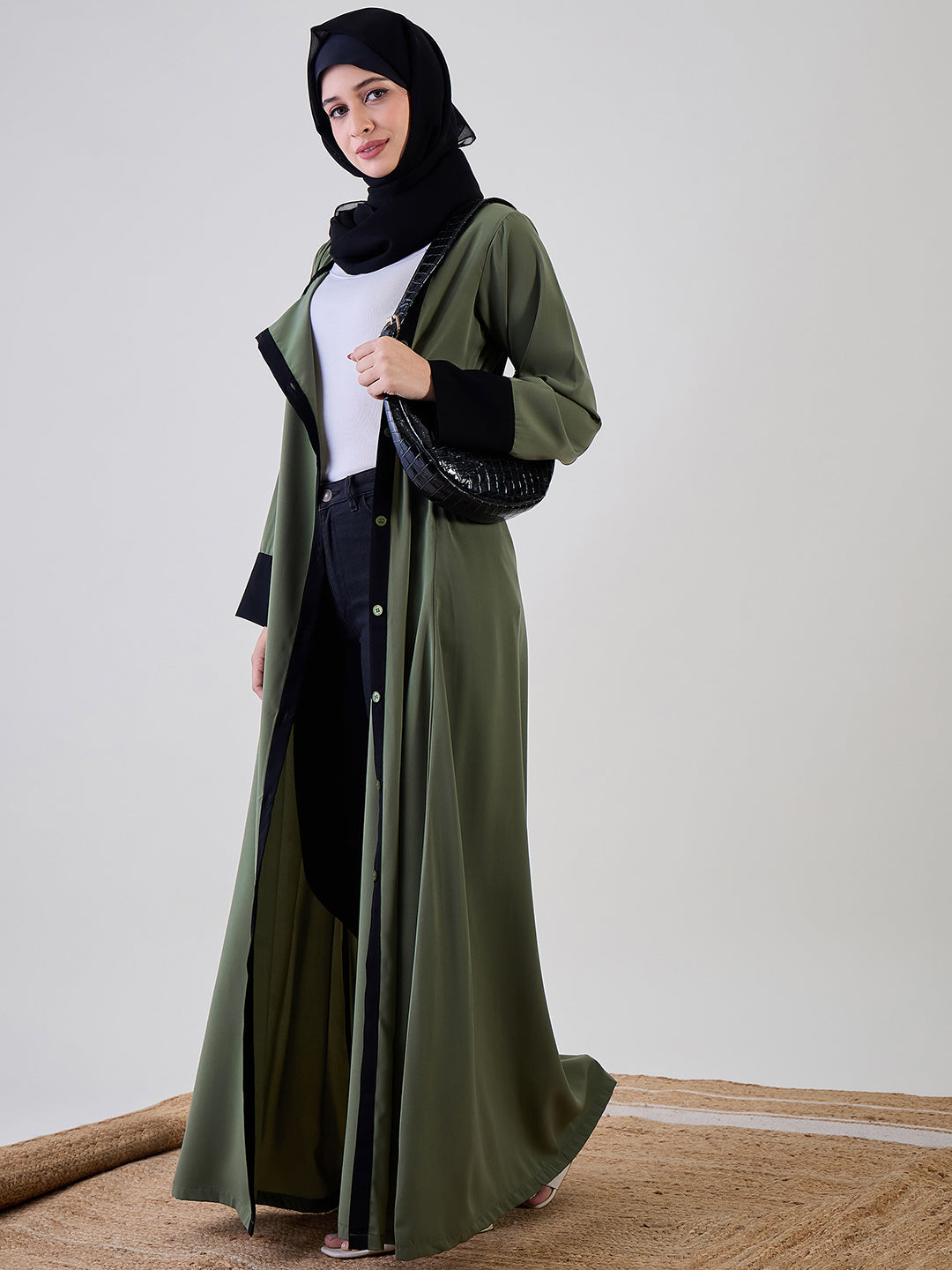 Nabia Jade Green Front Open Abaya with Black Georgette Hijab