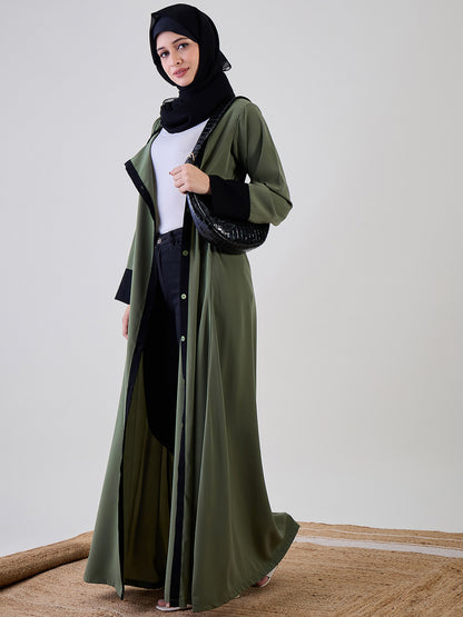 Nabia Jade Green Front Open Abaya with Black Georgette Hijab
