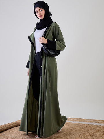 Nabia Women Jade Green Solid Front Open Abaya Burqa With Black Georgette Hijab