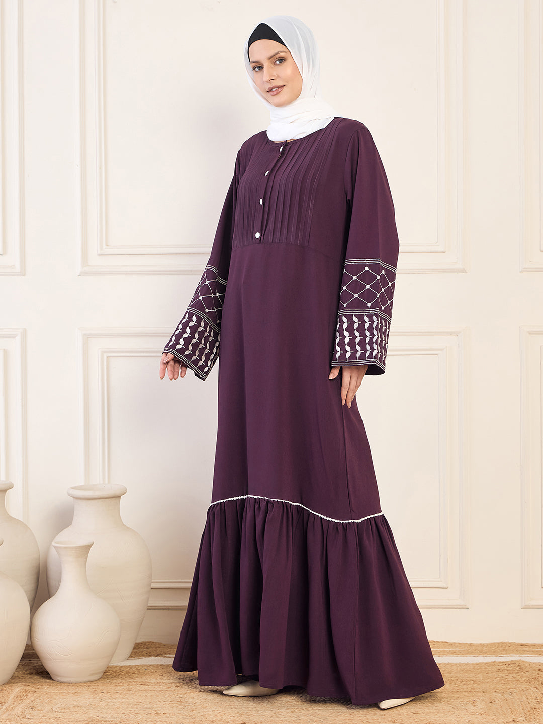Nabia Kefiyyeh Embroidery Purple  Abaya with White Georgette Hijab