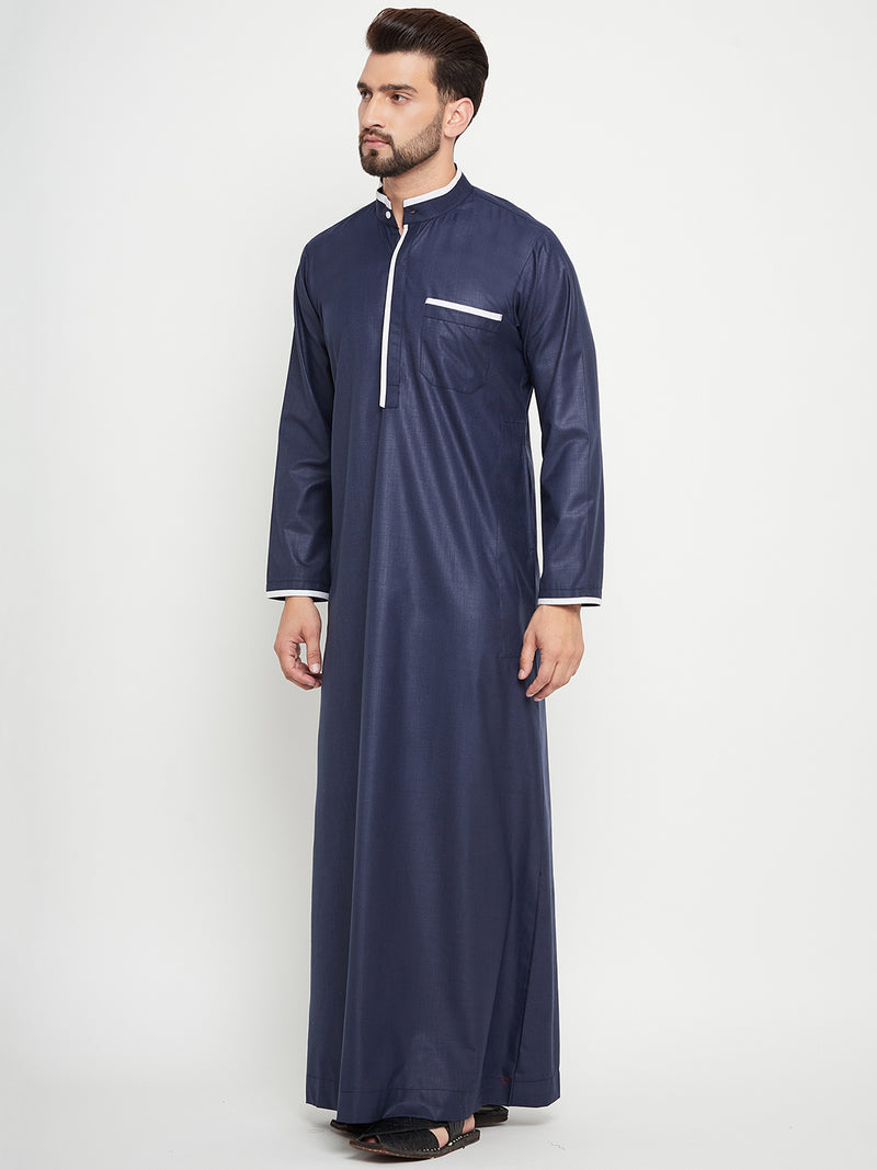 Nabia Blue Solid Mens Straight Sleeves Thobe / Jubba with White Piping Design