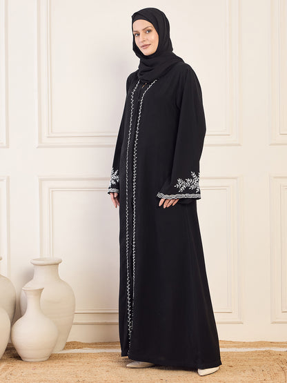 Nabia Black Handwork  Front Open Abaya for Women with Black Hijab